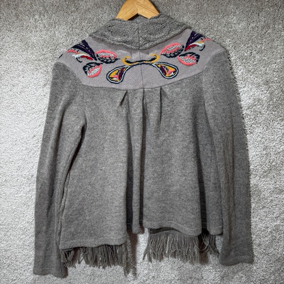 Anthropologie Sleeping On Snow Folklore Embroidered Fringe Cardigan Gray - Picture 12 of 12